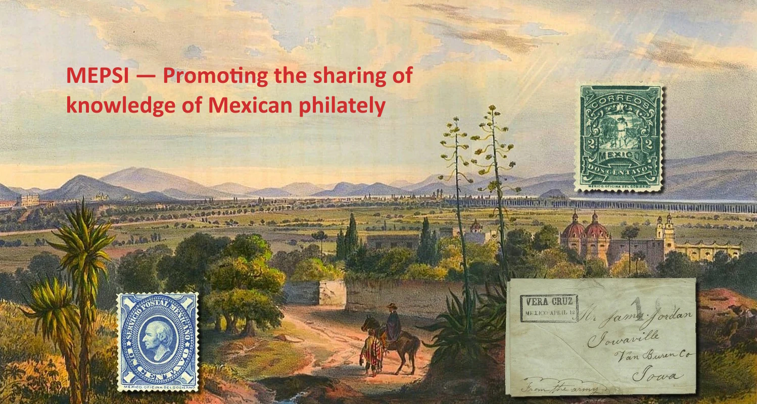 Painting of a 19th Century Mexican landscape  with a church and a man on a horse who has stopped to speak with a man in a sarape.  Superimposed on the painting are two images of classic Mexican stamps; one from the Hidalgo issue of 1884-1885 and a 'Mulita' from 1895-98.